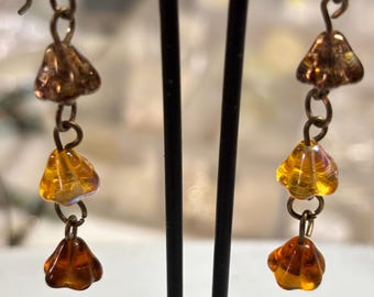 Autumn colors in Dangle Earrings 3 Drop Fall colored Flower Earring Earthtone Glass Flower Cap Earrings Brass and Glass Fall Earrings