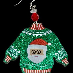 Christmas Santa Clause Earrings, Santa Claus on Green Xmas Sweater Earrings, Acrylic Santa Claus and Swarovski Crystal Earrings,