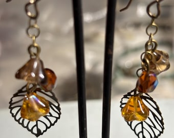 Autumn Leaves & Flowers Dangle Earrings, Fall Tone Glass Beads and Brass Chain Drop Earrings, Earth tone Glass and Brass Earrings