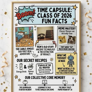 May include: A framed fine art print titled "Time Capsule: Class of 2026 Fun Facts." The print features various illustrations and text, including "Boom!" and sections on memes, recipes, and collective memories. The print is hand-framed.