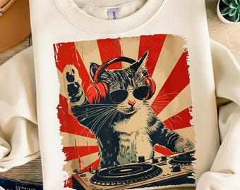 Camiseta con diseño de DJ Cat en formato PNG, gato con auriculares (descarga digital).