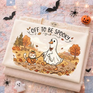 Off to be Spooky Goose Walking Cat Png, Off To Be Spooky Goose Holding Coffee Pumpkin Bucket Png, Funny Halloween Goose Png