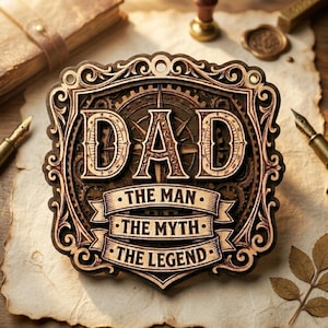 以下が含まれることがあります： 「DAD」の文字が大きく装飾された木製のプラーク。下には「THE MAN, THE MYTH, THE LEGEND」のテキストがバナーデザインで表示されています。プラークは、ヴィンテージ感のある詳細なレイヤーデザインです。