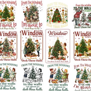 Puede incluir: Una colección de impresiones artísticas con temática navideña que presentan ilustraciones vintage de familias decorando árboles de Navidad. Cada impresión incluye el texto "From The Windows to the Walls I'm About to Deck These Halls."