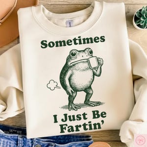 May include: Cream-colored sweatshirt with a green graphic of a frog holding a mug, with the text "Sometimes I Just Be Fartin'". The frog is depicted with a humorous expression and a puff of gas.
