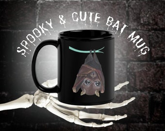 Coffee Mug Hanging Bat Spooky Cute Black Glossy, 2 Sizes: 11 oz 15 oz, Bat Art Painting Halloween Christmas