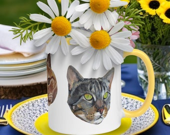 Coffee Mug Cat Art Painting Three Cat Heads Painted Mug with Color Inside Yellow FREE SHIPPING