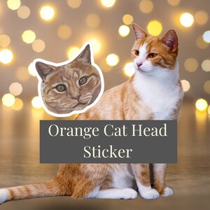 Painting of orange cat head as a sticker with white border. Real cat sitting in front of sparkly gold and yellow lights, stares at sticker which is free floating in front of it.