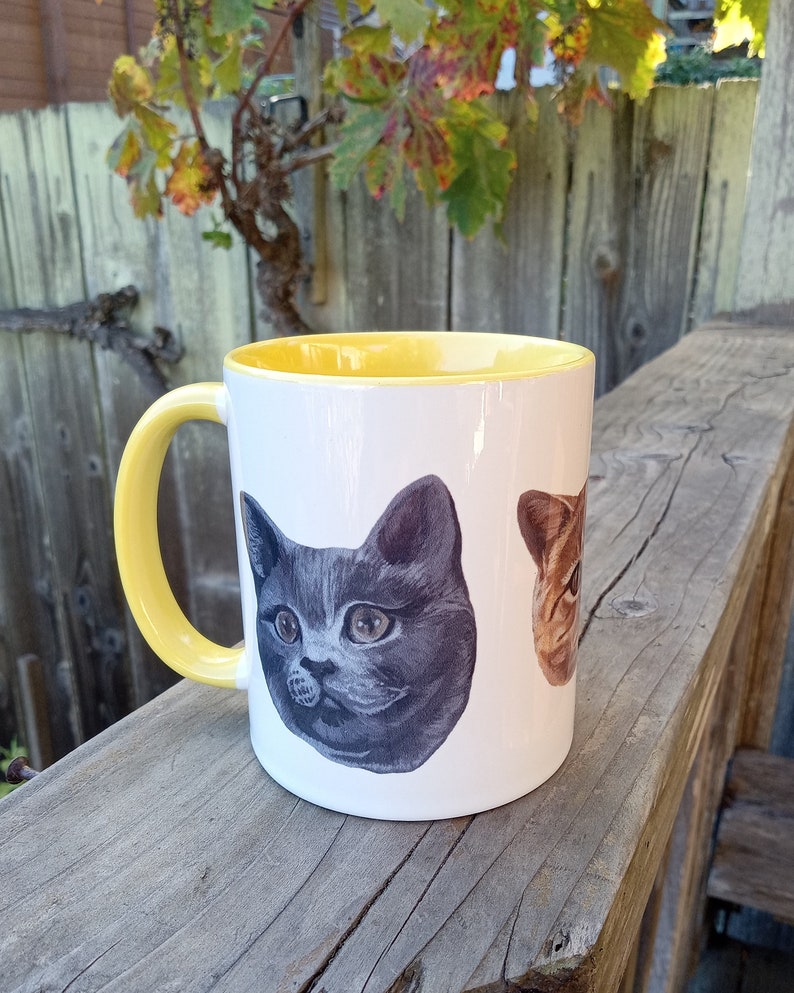 White mug with yellow interior and yellow handle on wood railing in outdoor setting. Leaves and wood fence in background. Photo shows partial view of orange cat head and full view of russian blue cat head.