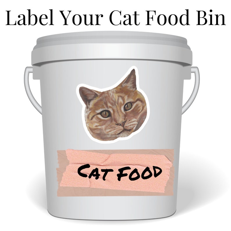 Shows a suggested use for cat sticker. 5 gallon round plastic bin, white, with lid and handle has orange cat head sticker on it. A handwritten label that reads Cat Food taped on just below cat. The picture has the words: Label Your Cat Food Bin.