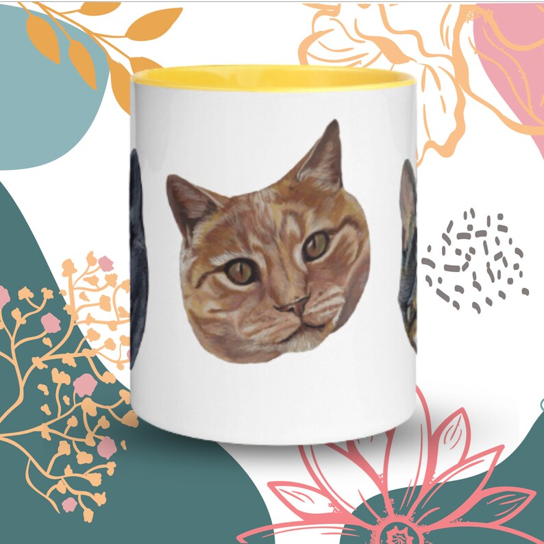Coffee Mug Cat Art Painting Three Cat Heads Painted Mug with Color Inside Yellow FREE SHIPPING image 9