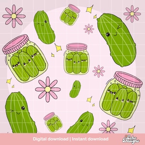 May include: A digital illustration of a pink background with a grid pattern. The image features multiple jars of pickles with smiling faces. The jars are filled with green pickles with smiling faces. There are also individual pickles with smiling faces. The image is surrounded by pink flowers with yellow centers.