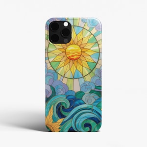 Glasmalerei Ocean Sun Handyhülle, Mosaik Sonnenaufgang, Küstenstrand, iPhone 16 15 14 13 12 11 Pro Max Plus X Samsung S25 S24 Ultra Pixel 9 8