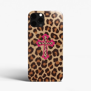 Leopard Print Y2K Pink Cross Phone Case, Animal Print Cover, Trendy Cool Girl Gift, iPhone 16 15 14 13 12 Pro Max Plus Samsung S25 S24 Pixel