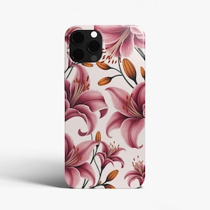 Pink Blooming Tiger Lily Phone Case, Hand Painted Flower Tough Cover, iPhone 16 15 14 13 Pro Max XR, Galaxy S25 S24 S23 Ultra, Pixel 9 8 7