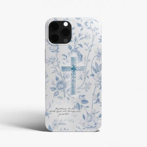 Capa de celular com versículo bíblico floral de Mateus 19:26, cruz de fé cristã, presente com escritura religiosa, iPhone 16, 15, 14, 13, 12 Pro Max, Samsung S25 S24