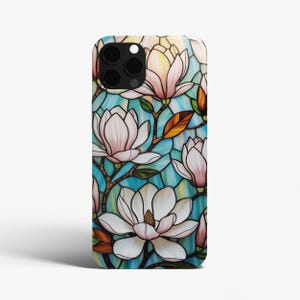 Magnolia Flower Stained Glass Phone Case, Faux Floral Stained Glass, Unique Mosaic Cover, iPhone 16 15 14 13 12 11 Pro Max Samsung S25 S24