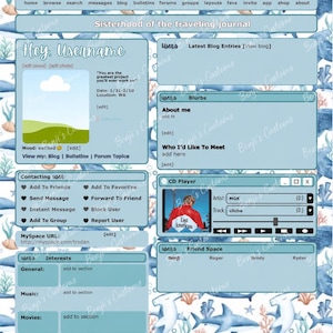 May include: A screenshot of a MySpace profile page with a blue and white aquatic theme. The page includes sections for user information, blog entries, and a CD player. The background features a pattern of sharks and ocean elements.