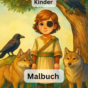 Può includere: Illustrazione di un ragazzo con una benda sull'occhio, in piedi con due lupi e due corvi. L'immagine contiene il testo "Die Nordischen Götter für Kinder Malbuch" e "Andreas Reuther". Il ragazzo indossa una tunica color crema.