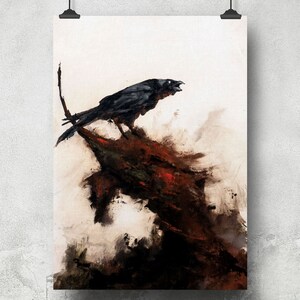 Póster de arte oscuro de Corvid, cuervo sentado en el tocón de un árbol, decoración de pared de cuervo gótico para sala de estar 11x14, 11x17 impresión de carroñero