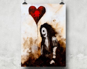 Witchy Dark Aesthetic Healing Artwork for Wall, Wicca Decor Print of Voodoo Doll with Red Balloon, Creepy Cute 11x14, 11x17 In Love Print