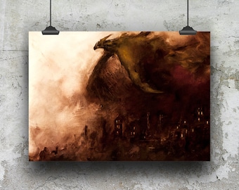 Smoke Dragon Destroying Apocalyptic City Dark Fantasy Art, Winged Death Gamer Decor, Dark Art Decor 11x14, 11x17 Wings of Darkness Print