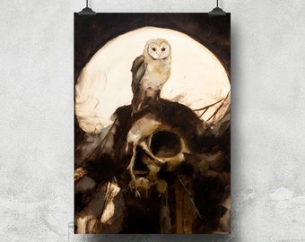 Barn Owl Poster Wall Art, Spooky Poster of Barn Owl and Skull, Macabre Nature Home Office Decor, Witch Art 11x14, 11x17 Lacking Wisdom Print