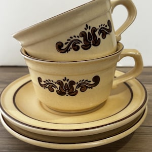 1970s mug set | Rustic mugs and plates | Vintage floral stoneware | 70s dishes | Retro kitchenware | Coffee mug set | Cup and saucer set