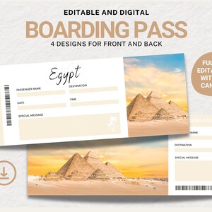 Egipt Boarding Pass Canva Szablon – Niespodziewany bilet lotniczy do Hurghady, bilet podróżny, prezent świąteczny, lot, piramidy w Gizie | Sharm El Sheikh