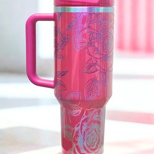 Decorated Stanley Tumbler Vinyl Wrap Floral Design Berry Color Travel Cup Handle Custom Drink Container Temperature Control Flask Insulated