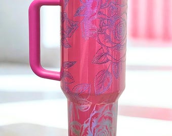 Floral Engraved Stanley Tumbler, Berry Truffle 40oz, Insulated Travel Cup