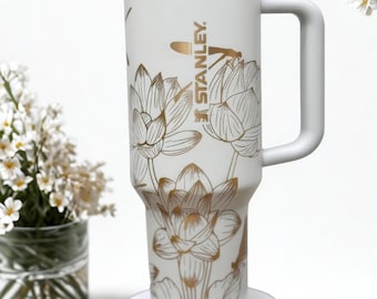 Laser Engraved Stanley Tumbler 40oz, Floral Dragonfly Design