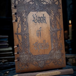 Wooden Spell Book Gothic Journal Witch Grimoire Handbound Notebook Wiccan Diary Writing Gift Fantasy Writer Magic Customizable Laser Etched