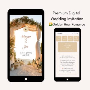 Sito web interattivo personalizzato per inviti di nozze con musica, RSVP, guestbook vocale, conto alla rovescia / romanticismo dell'ora d'oro / completamente pronto per te