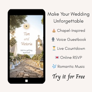 Interaktive & personalisierte Hochzeitseinladungs-Webseite mit Musik, Antwortgebe, Sprach-Gästebuch, Countdown | Kapellen-inspiriert | Komplett Done-for-You