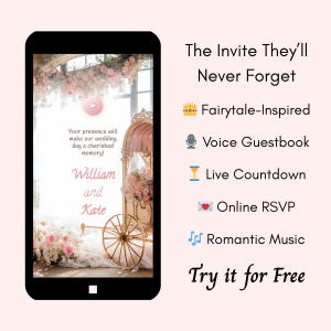Interaktive & personalisierte Hochzeitseinladungs-Webseite mit Musik, Antwortgebe, Sprach-Gästebuch, Countdown | Märchen-inspiriert | Komplett Done-for-You