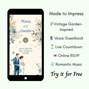 Interaktive & personalisierte Hochzeitseinladungs-Webseite mit Musik, Antwortgebe, Sprach-Gästebuch, Countdown | Vintage Garten | Komplett Done-for-You