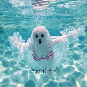 Puede incluir: Una persona disfrazada de fantasma blanco con una expresión de sorpresa, usando un bikini de lunares rosas y blancos, bajo el agua en una piscina. El agua es clara y azul. El texto "sugarcoffinstudio" es visible.