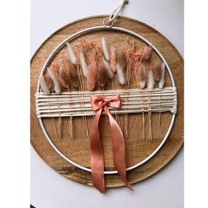 Dried Flower Wreath: Boho Macrame Wall Hanging with Peach Ribbon