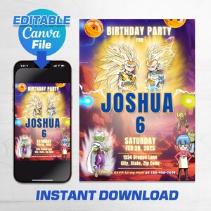 2025 Editable Goku & Pals Invitation, Birthday Invitation, Canva Template, SSJ3, hand drawn, fan art, party, kids birthday, custom