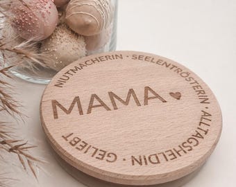 お母さんへの名入れギフトジャー（刻印入り、木製蓋付き）、母の日プレゼント、出産祝い、お母さんへのギフトアイデア、愛情込めて作られたガラス瓶