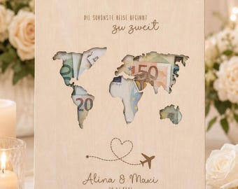 Personalized World Map Wedding Money Gift | Wooden Money Gift | Wedding Gift for the Bride and Groom | Wedding Gift with Names