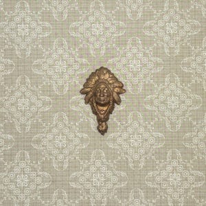 May include: A bronze-colored wall hanging featuring a Native American chief with a feathered headdress. The detailed sculpture is mounted on a beige background with a repeating floral pattern. The piece is likely a decorative item.