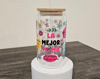 Vaso de vidrio La Mejor Mamá de 16 oz - Taza Libbey con tapa de bambú y pajita