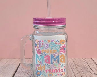 Tarro Mason con asa, tapa y pajita La Mejor Mama Del Mundo - Tapa de metal colorida - 16 oz.