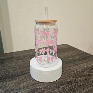 16oz Pink Bows And Hearts Tumbler | Coquette Cup | Bows | Glass Tumbler With Bamboo Lid And Straw | Libbey Cup