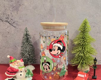 Vaso de cristal navideño de Mickey Mouse con pajita y tapa de bambú