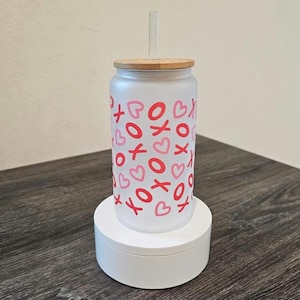 16oz Red And Pink XO Heart Glass Tumbler | Perfect Gift For Valentine&#39;s Day| XO Hearts | Glass Tumbler With Bamboo Lid And Straw