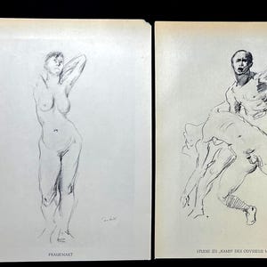 May include: Three black and white sketches of human figures. The first sketch depicts a nude woman with her arms raised. The second sketch shows two men in a struggle. The third sketch is of a man in a squatting position.