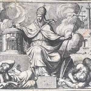 May include: A black and white engraving depicting a central figure wearing a papal tiara and robes, holding a triple-barred cross. The figure sits before a domed structure, surrounded by fallen figures in a landscape with classical architecture.